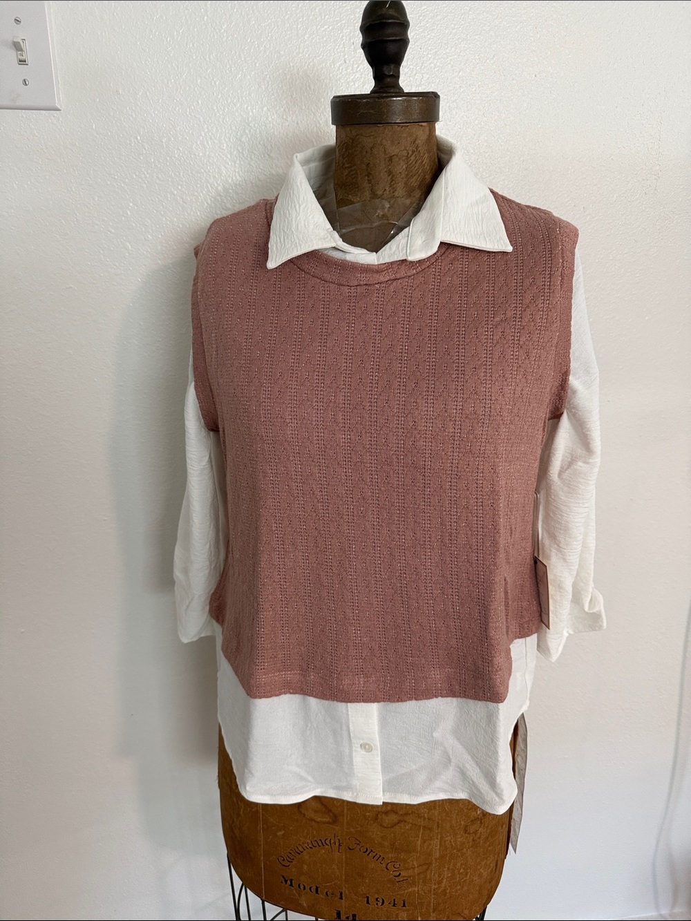 NWT Fair Haven Dusty Rose Knit Sweater Vest Top Twofer - Women's Layering Top M